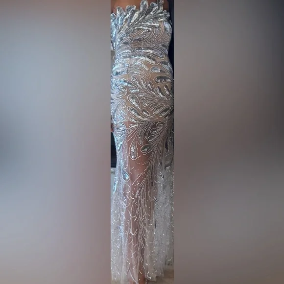 Oscar de la Renta  fern crystal embroidered gown- silver - Picture 7 of 11